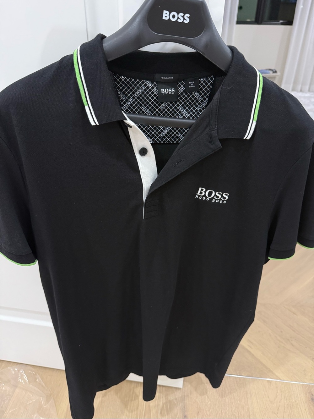 BOSS Black Polo with Green and White Trim